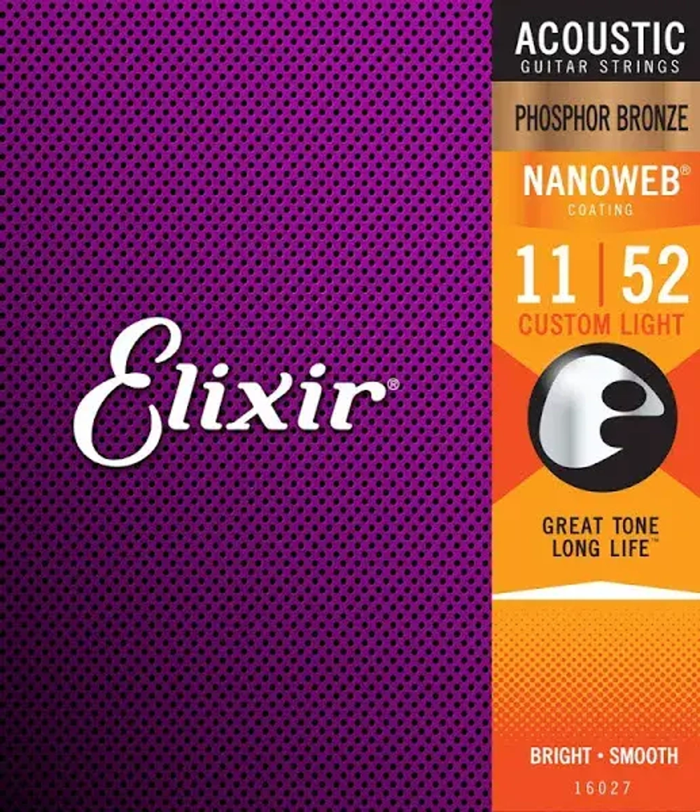 Elixir 16027 Nanoweb Комплект струн для акустической гитары, Custom Light, фосфорная бронза, 11-52.
