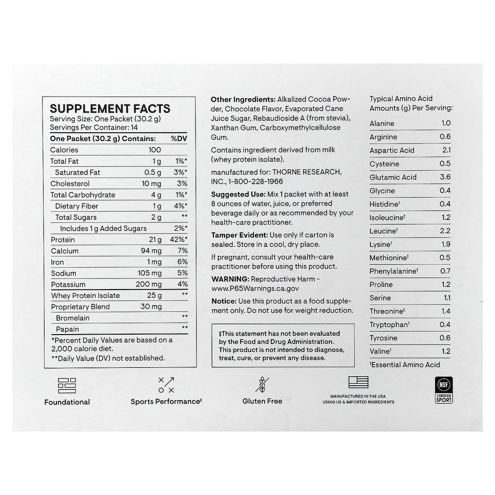 Thorne, Изолят сывороточного протеина, шоколад, 14 пакетиков по 30,2 г (1,06 унции)