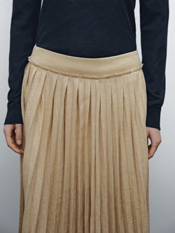 Massimo Dutti Плиссированная юбка миди с деталью из ткани, бежевый