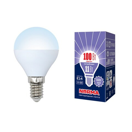 LED-G45-11W-DW-E14-FR-NR Лампа светодиодная. Форма шар. матовая. Серия Norma. Дневной белый свет 6500K. Картон. ТМ Volpe