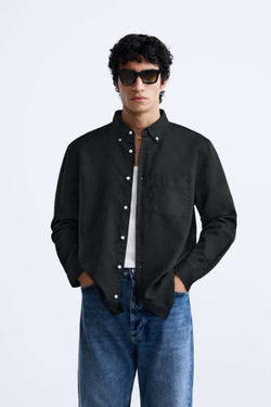 ZARA РУБАШКА ИЗ СМЕСОВОГО ЛЬНА, ЧЕРНЫЙ