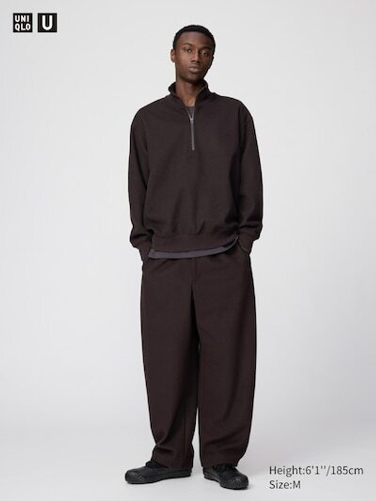 UNIQLO ШИРОКИЕ БРЮКИ С НАЧЕСОМ, ТЕМНО-КОРИЧНЕВЫЙ