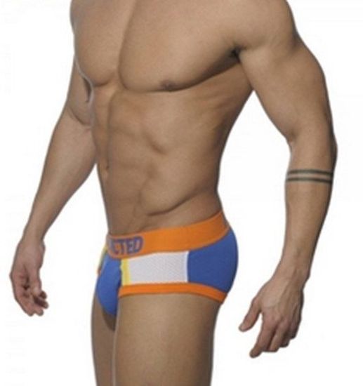 Мужские трусы брифы синие с оранжевой резинкой и вставкой из сетки Seobean Addicted