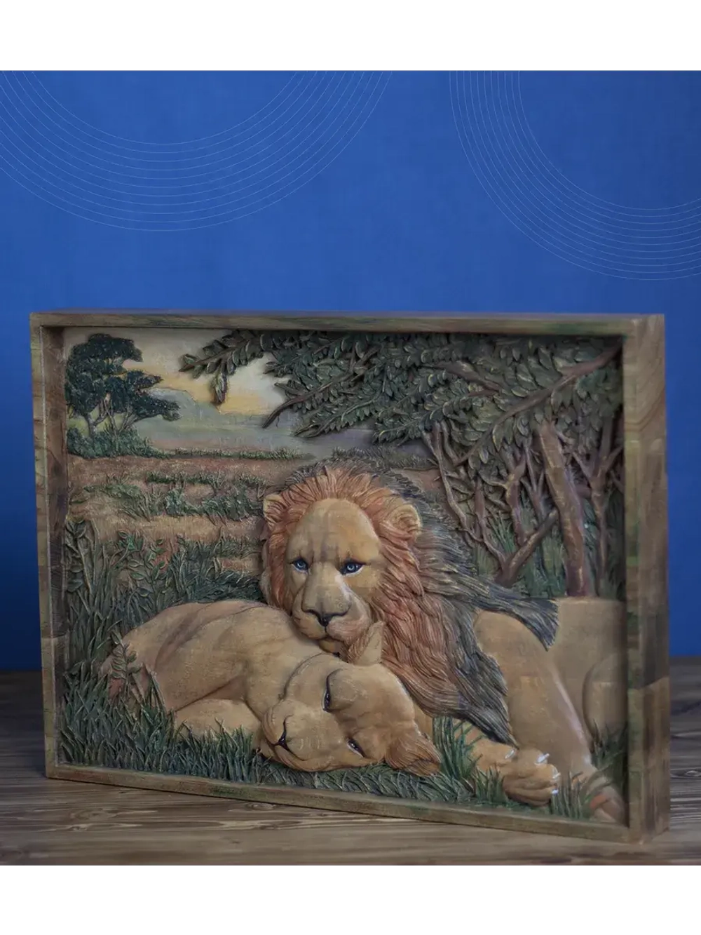 Картина из дерева "Львы на отдыхе" 41х30х4,5 см