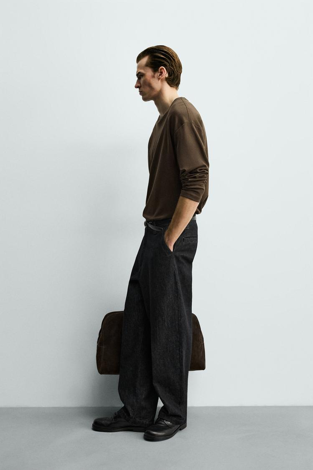 ZARA ФУТБОЛКА С ДВОЙНЫМИ КОНТРАСТНЫМИ ДЕТАЛЯМИ, КОРИЧНЕВЫЙ