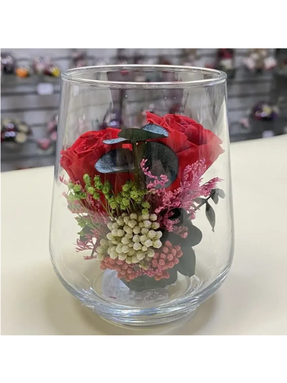 натуральные кустовые розы в стекле, вакуум*