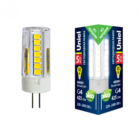 LED-JC-220-5W-4000K-G4-CL GLZ09TR Лампа светодиодная. прозрачная. Белый свет 4000К. Картон. ТМ Uniel.