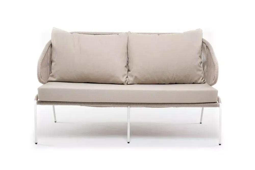 "Милан" диван 2-местный плетеный из роупа, каркас алюминий белый муар, роуп бежевый круглый, ткань бежевая 035