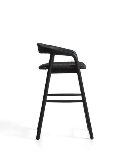 Уличный полубарный стул Derile из массива дуба и веревки в черной отделке