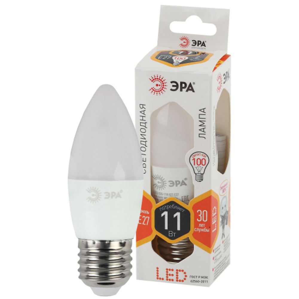 Лампа светодиодная ЭРА STD LED B35-11W-827-E27 11Вт свеча теплый белый свет Е27 | Лампы cветодиодные Свеча (B/C)