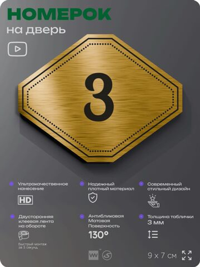 Номерок на дверь квартиры 3, для кабинета, офиса, шильдик 9 х 7 см, золотистый, Айдентика Технолоджи