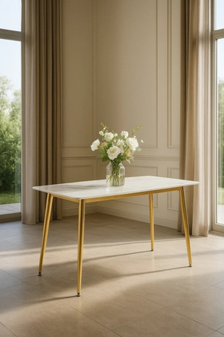 Стол обеденный Ist Casa Рио Голд, 160х90х76 см, белый мрамор Статуарио, глянцевое золото