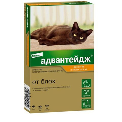 Капли на холку от блох для котят и кошек до 4 кг, а так же декоративных кроликов Адвантейдж ( Elanco ), 1 пипетка Имидаклоприд