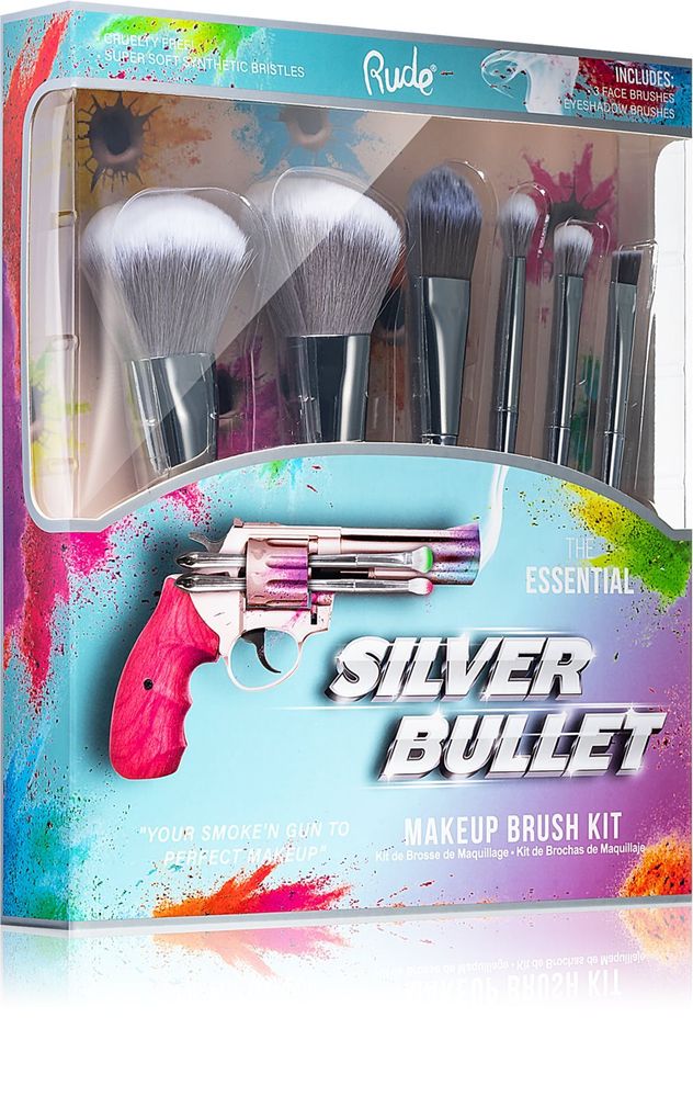 Rude Cosmetics powder brush + blusher brush + foundation brush + blending brush + angled eyeshadow brush + eyeshadow brush Silver Bullet