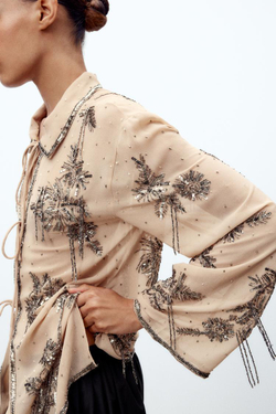 ZARA ТОП С ПАЙЕТКАМИ И БУСИНАМИ, ЗОЛОТИСТЫЙ