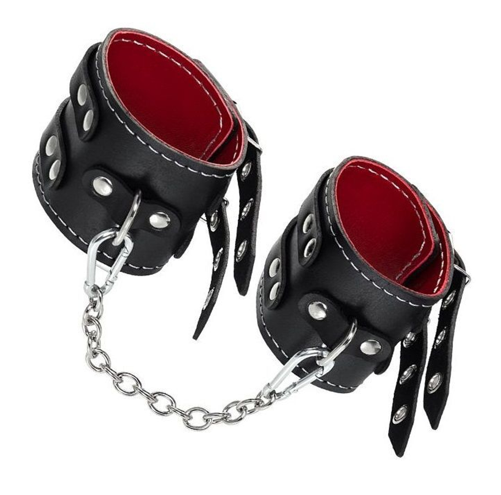 Черные оковы с двумя ремнями и красной подкладкой (Цвет: черный с красным)