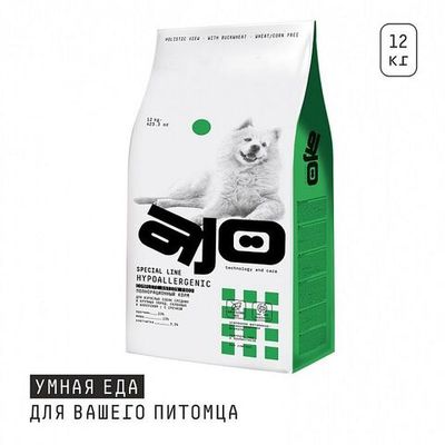 Сухой корм для собак средних и крупных пород, склонных к аллергиям AJO Dog Hypoallergenic с гречкой, Пакет 12 кг