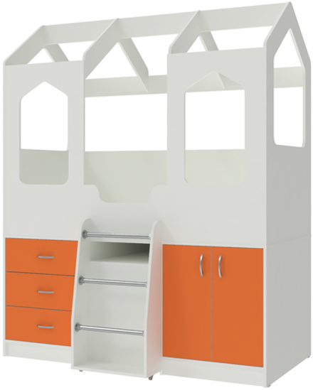Кровать-чердак КарИВи Домик Сказка с выдвижным столом ДС-14 Белый  Оранжевый
