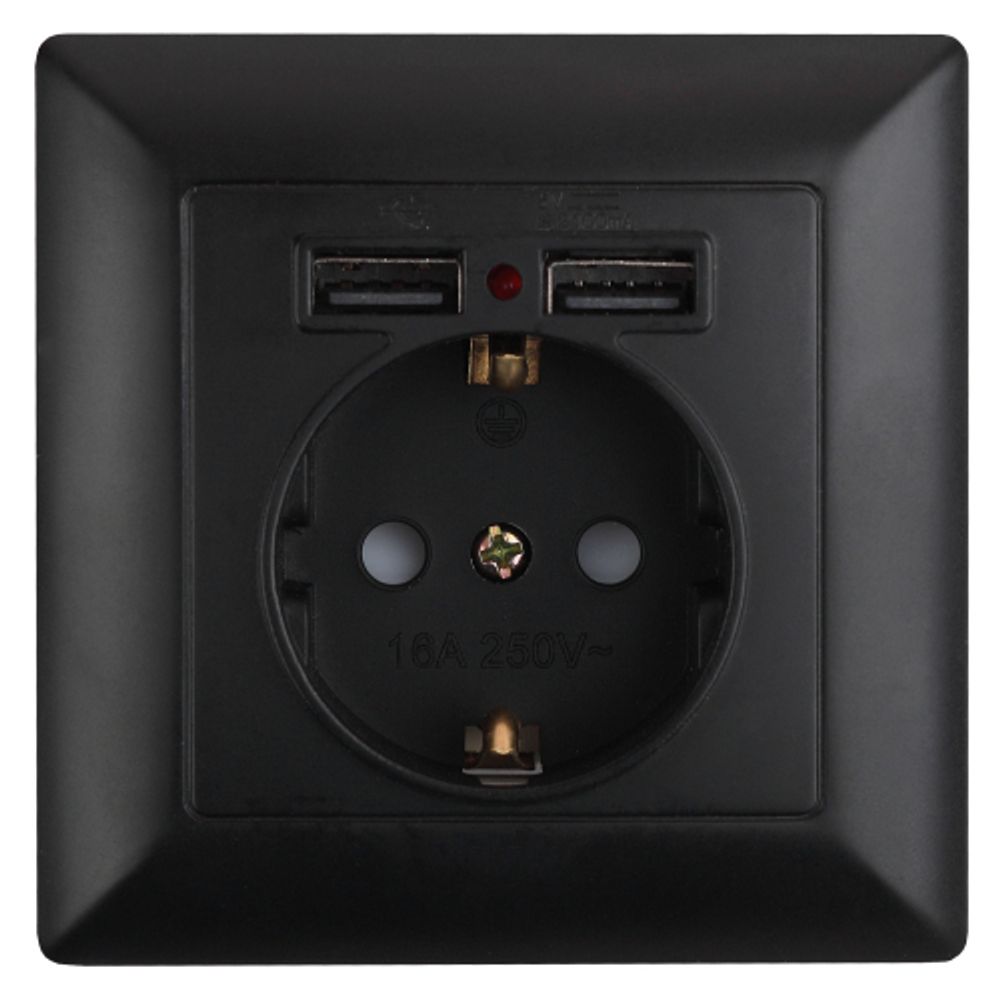 Розетка Intro Solo 4-410-05 с заземлением P+E Schuko со шторками, 16А-250В + 2хUSB, IP20, СУ, антрацит | Intro Solo