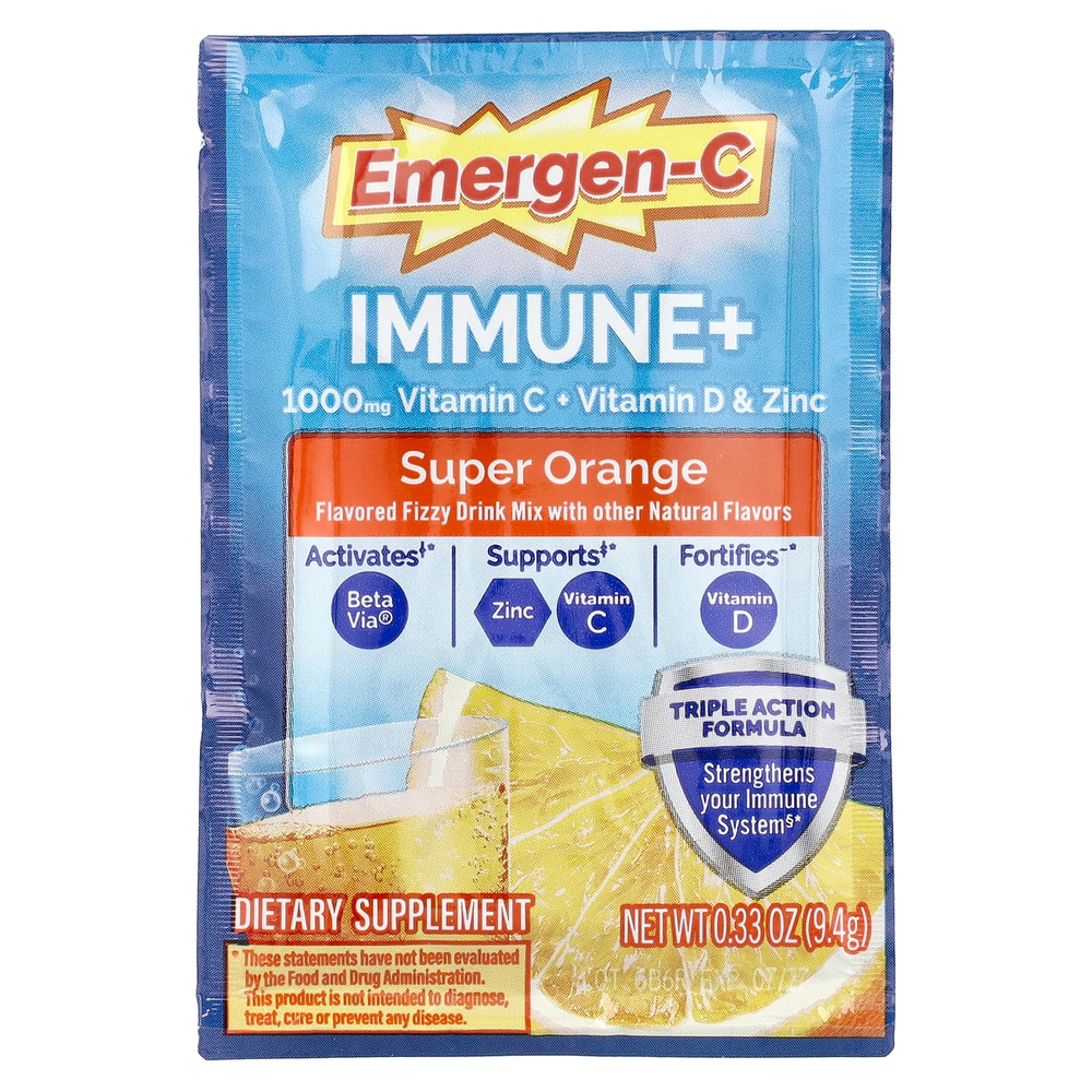 Emergen-C, Immune+, витамин C, витамин D и цинк, со вкусом апельсина, без кофеина, 30 пакетиков по 9,4 г (0,33 унции)