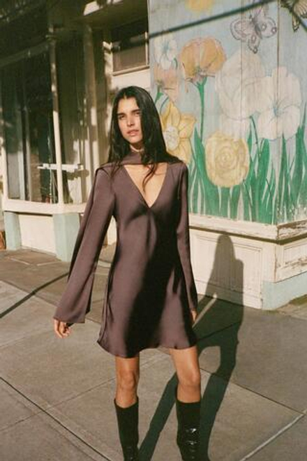 ZARA АТЛАСНОЕ ПЛАТЬЕ С ШАРФОМ, ШОКОЛАДНЫЙ