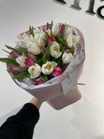 Букет из 25 белых и ярко-розовых тюльпанов