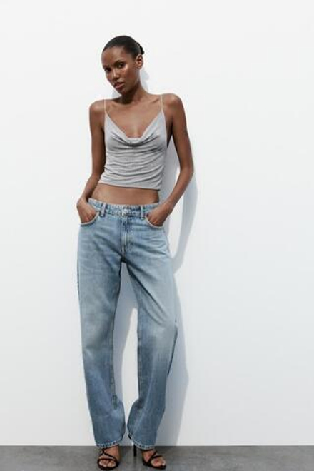 ZARA ТОП ИЗ БЛЕСТЯЩЕЙ ПОЛУПРОЗРАЧНОЙ ТКАНИ, ТЕМНО-СЕРЫЙ