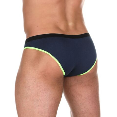 Темно-синие хлопковые трусы-слипы с салатовой окантовкой и низкой посадкой (Размер: M) (Цвет: темно-синий)