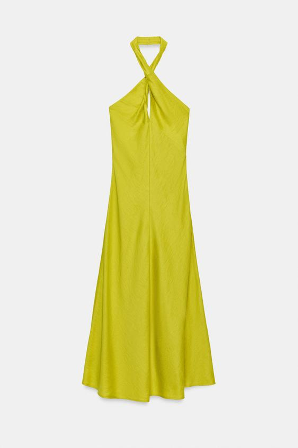 ZARA ПЛАТЬЕ МИДИ ХАЛТЕР ИЗ СМЕСОВОГО ЛЬНА, ЛАЙМОВЫЙ