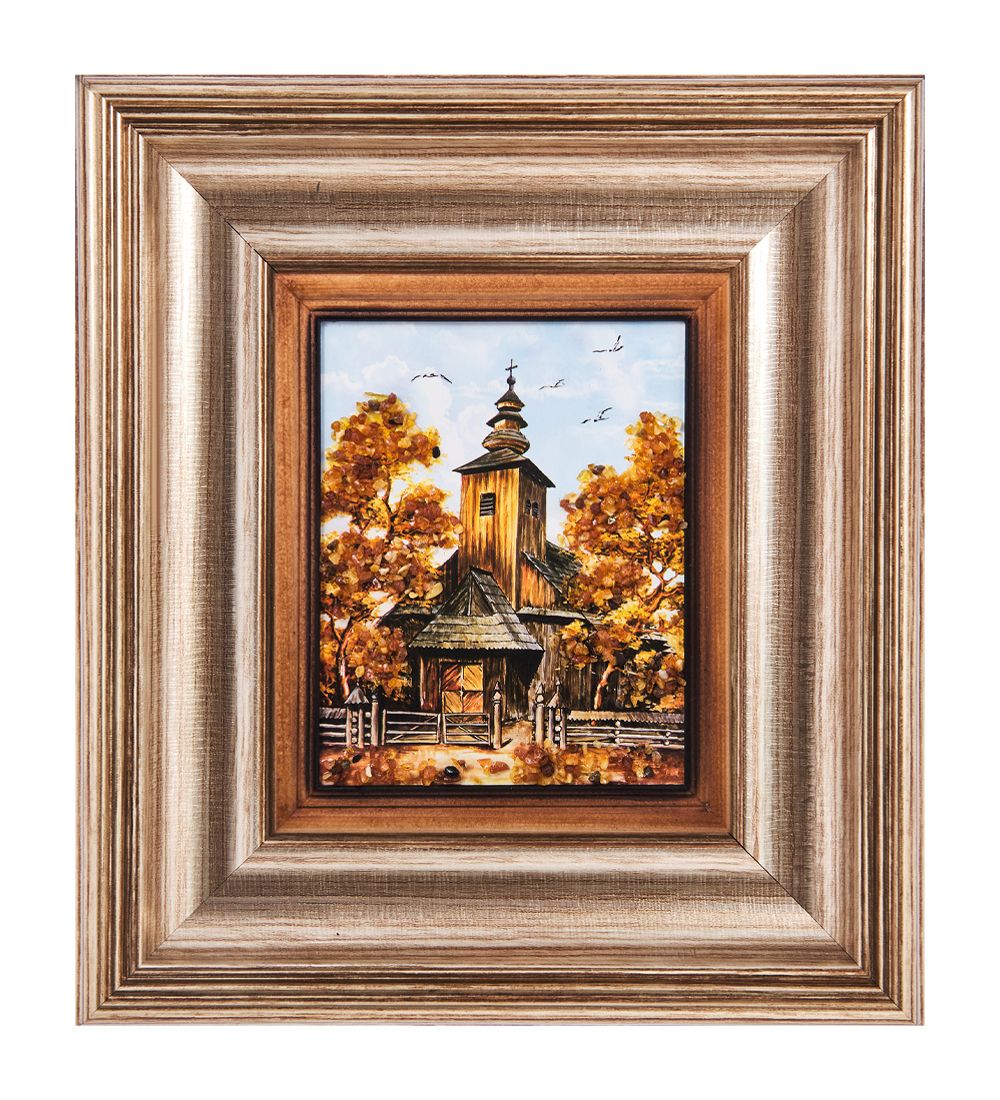 AMB-04/15 Картина «Часовня в лесу» (с янтарной крошкой) L-18см