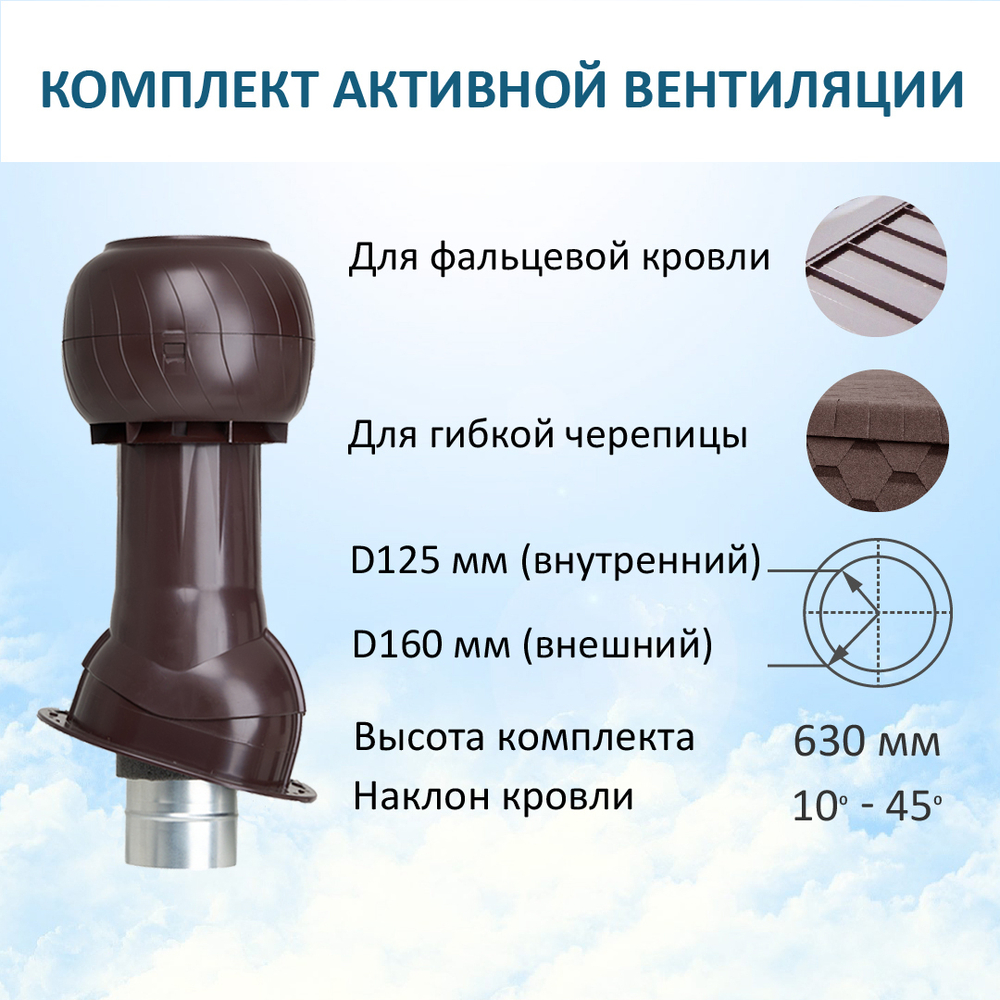 Комплект вентиляции для фальцевой кровли и гибкой черепицы, Ø 125/160 мм, RAL8017, Gervent