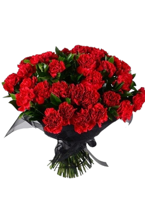Траурный букет «50 красных гвоздик, зелень, органза»
