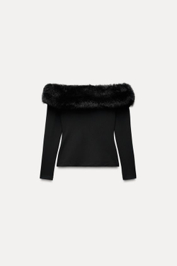 ZARA ТОП С ДЕТАЛЬЮ ИЗ ИСКУССТВЕННОГО МЕХА, ЧЕРНЫЙ