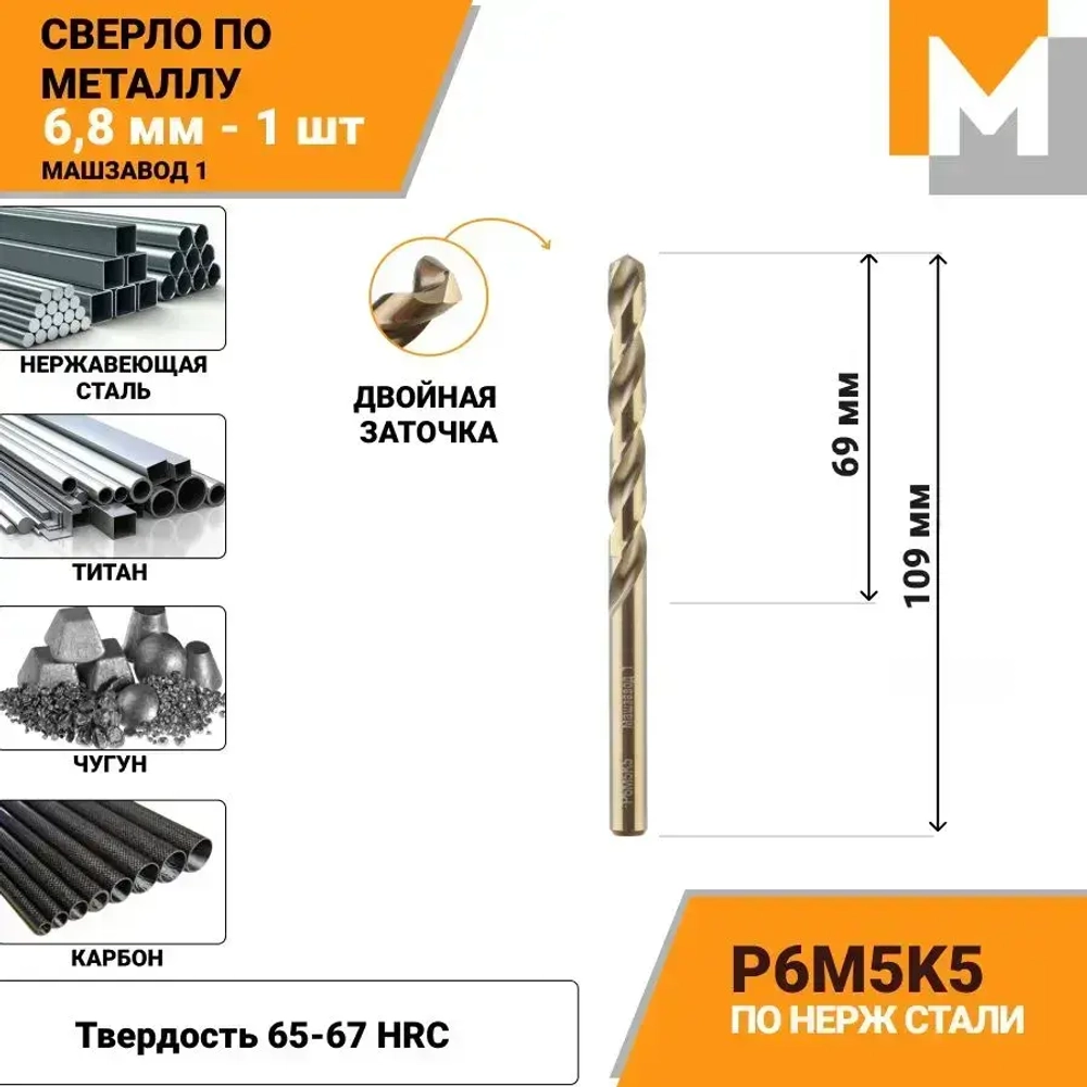 Сверло по металлу 6,8 мм Р6М5К5 кобальтовое МАШЗАВОД 1