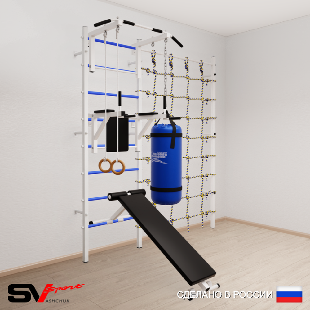Шведская стенка Sv Sport усиленная 68130 (Турник стандарт/Брусья/Скамья/Кольца/Цепь/Мешок 30кг/Канатный лаз)