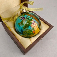 Коллекционный шар новогодний (круговая роспись Палех) "Ворона и лисица" в футляре