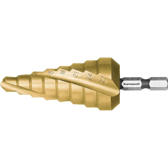 Ступенчатое сверло Ø 6-27 мм, HSS-XE с покрытием TiN-GOLD, ударный хвостовик, двухзаходное, Karnasch, арт. 21.3042