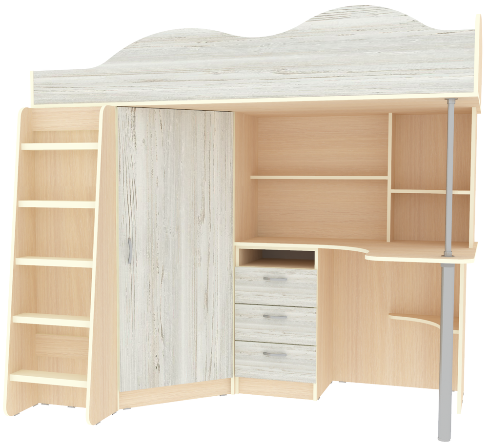 Кровать-чердак КарИВи Пионер с деревянной лестницей  Дуб Молочный Винтерберг