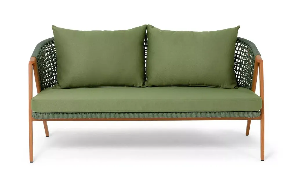 "Амстердам" диван 2-местный плетеный из роупа, каркас алюминий, роуп зеленый круглый, ткань зеленая