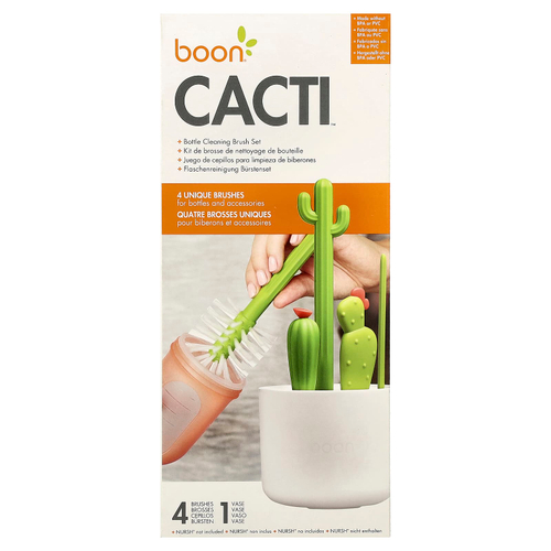 Boon, Cacti, набор щеток для чистки бутылочек, 4 щетки и 1 ваза