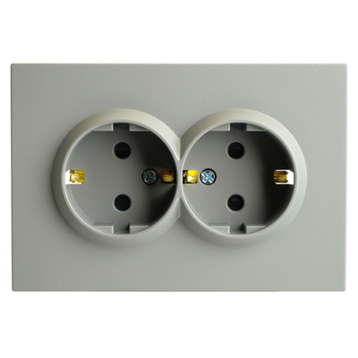 Розетка 2-местная с защитной шторкой, STEKKER, с/з, 250В, 16А, серия Эмили, RST16-5114-10, платиново-серый, soft touch 49960