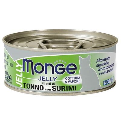 Влажный корм для кошек Monge jelly Adult cat с желтоперым тунцом и сурими, банка 80 г
