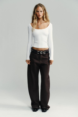 ZARA ФУТБОЛКА В РУБЧИК С ДЛИННЫМИ РУКАВАМИ, БЕЛЫЙ