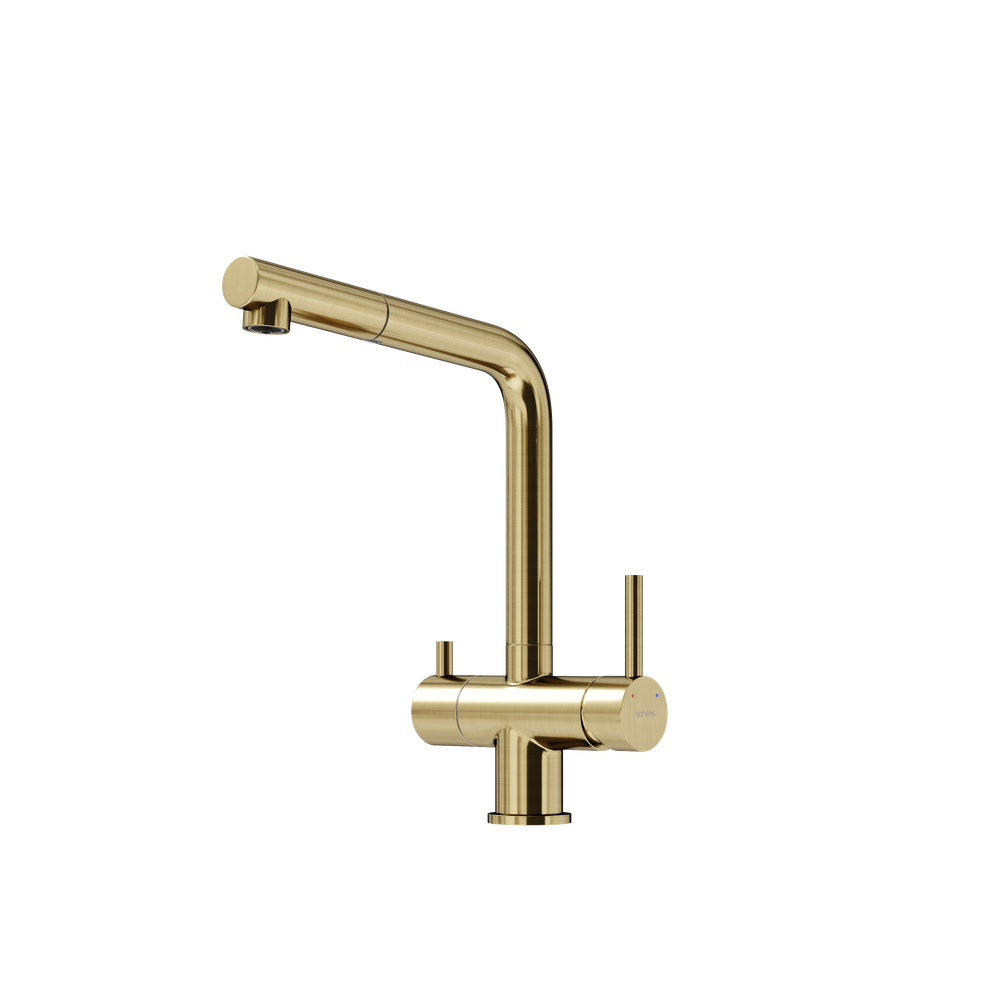 Смеситель для кухни Sancos Spin с вытяжным изливом, краном для фильтра, брашированное золото, SC4015BG