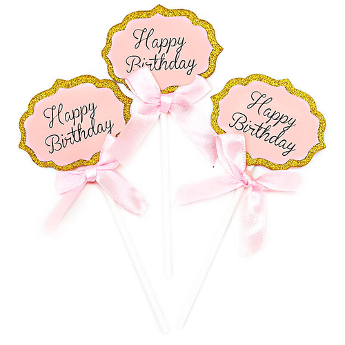 Топперы, Happy Birthday (золотой глиттер), Розовый, с блестками, 5 шт.