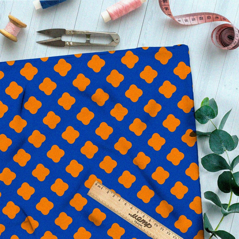 Ткань штапель оранжевые кресты на синем фоне