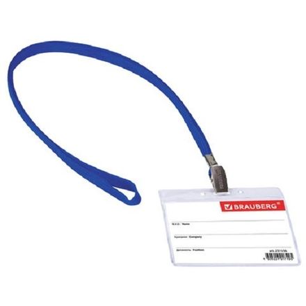 Бейдж Brauberg, горизонтальный, 60*90мм, с клипсой на синем шнурке