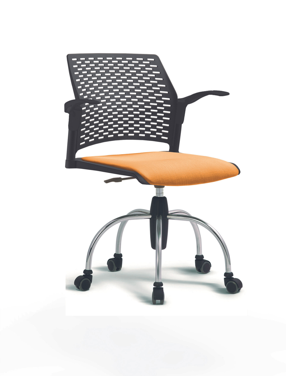 Кресло Rewind каркас хромированный, пластик черный, база паук хромированная, с открытыми подлокотниками, сиденье оранжевое