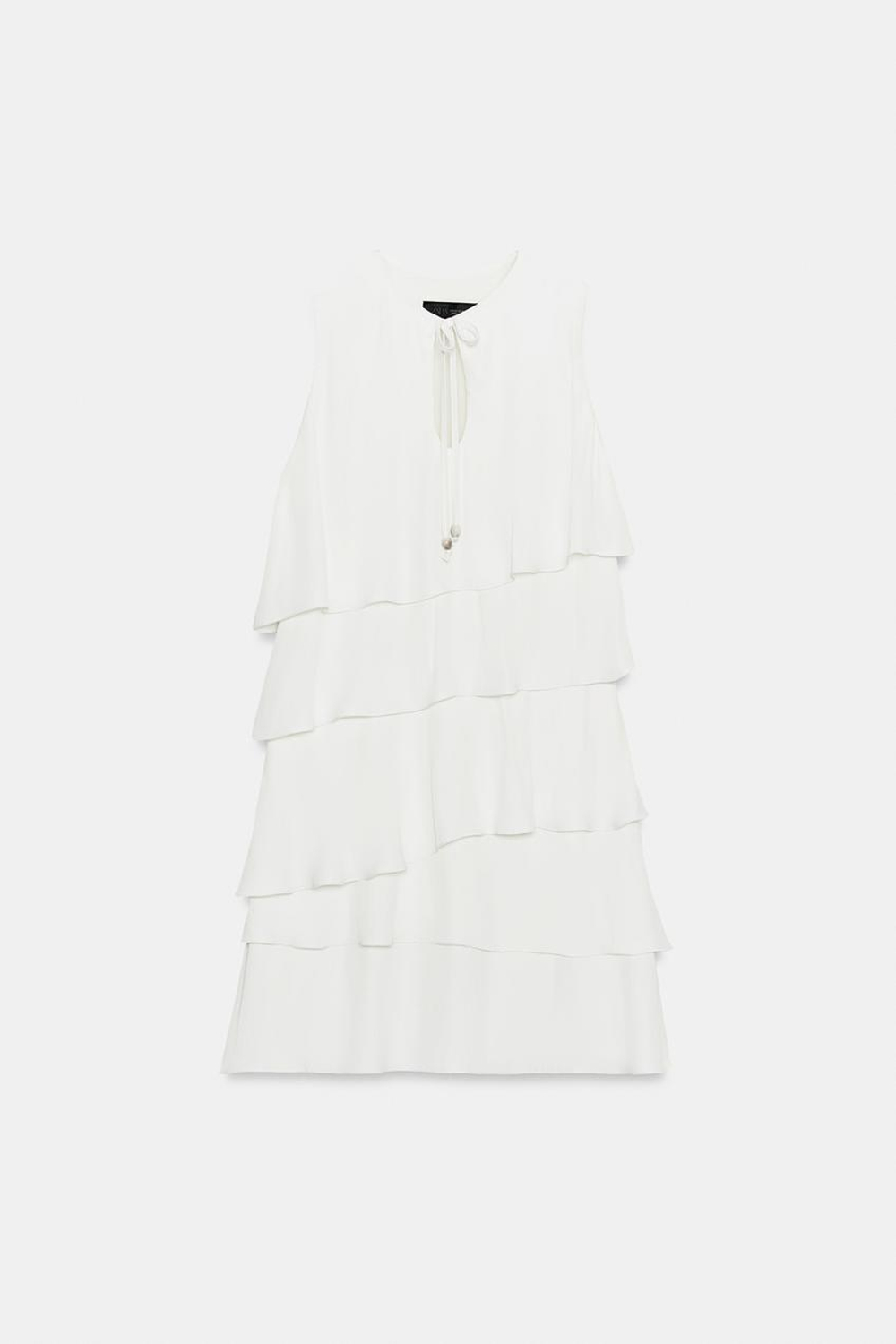 ZARA КОРОТКОЕ ПЛАТЬЕ С ВОЛАНАМИ, ЭКРЮ