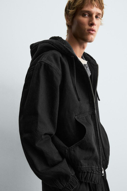 ZARA ДЖИНСОВАЯ КУРТКА С КАПЮШОНОМ И ОТДЕЛКОЙ ИЗ ИСКУССТВЕННОЙ ОВЧИНЫ, УГОЛЬНЫЙ